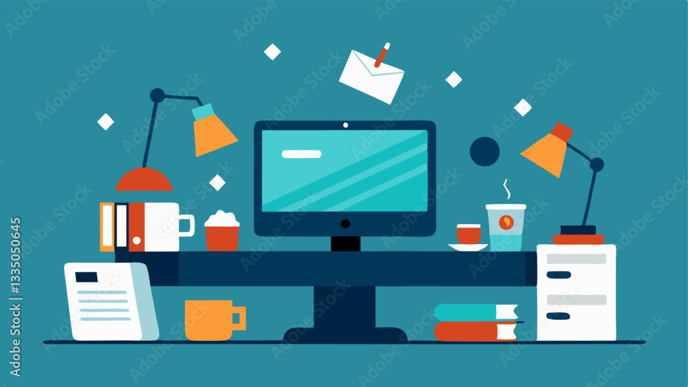 Poster overburdened desk an of an overflowing desk cluttered with papers coffee cups and a flickering compu