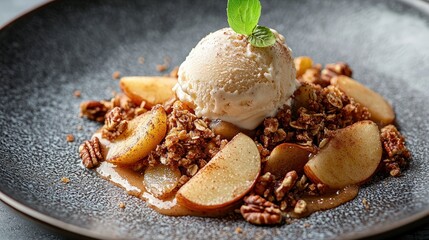 Decadent Dessert with Ice Cream, Caramelized Apples, Nuts and Crunchy Granola on Elegant Plate