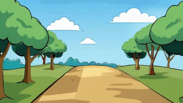 Animation cartoon background road and tree