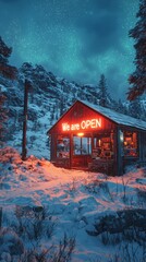 Luminous Cabin in Snowy Winter Night