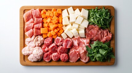 Raw cat food platter styled like fine dining, gourmet presentation on a wooden cutting board