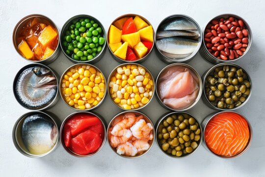 Canned processed foods include various fish fruit and vegetables against a light textured backdrop