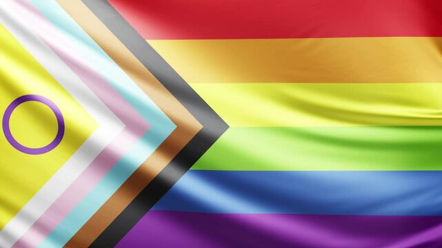 intersex inclusive pride flag video, symbol of intersex community, close-up shot of queer people, pride flag, lgbtq, queer comunity, animated flag background video, 3D video of rainbow flag