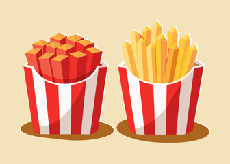 Crispy French Fries in Paper Carton and Ceramic Bowl &ndash; Realistic Vector Illustration