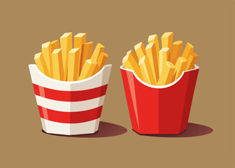 Crispy French Fries in Paper Carton and Ceramic Bowl – Realistic Vector Illustration