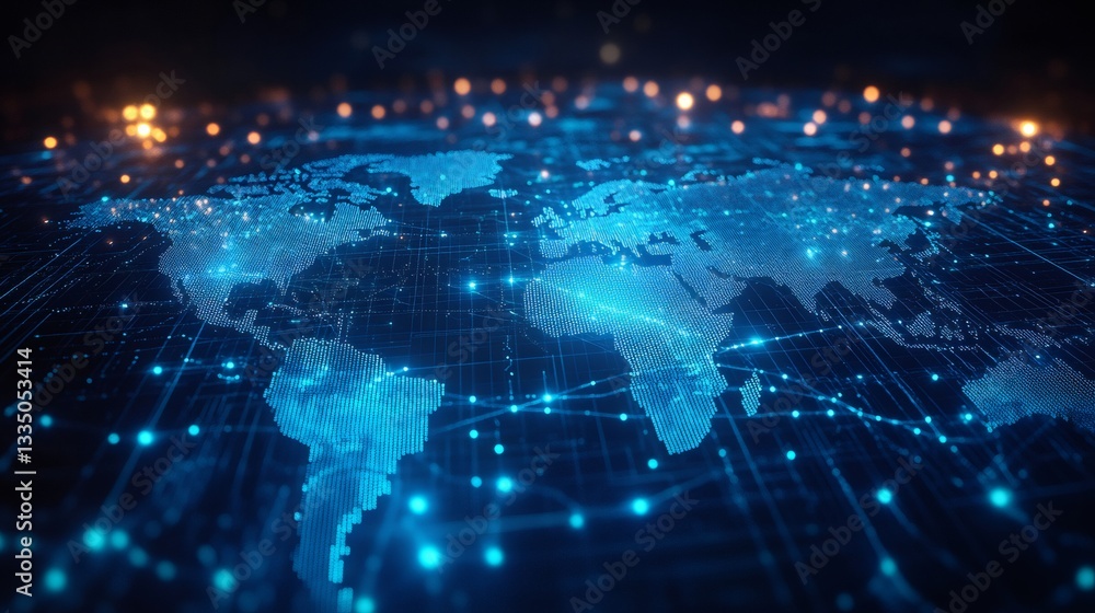 Poster glowing planet earth world map showing sparkling points of light and connecting lines depicting glob