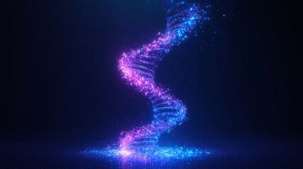 Purple and blue glowing rotating dna chain emitting light particles on dark background, concept of genetics, medicine and biotechnology