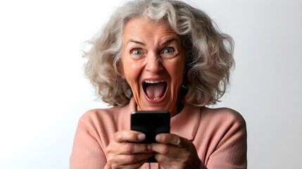 Fototapeta premium A woman is holding a cell phone and is smiling