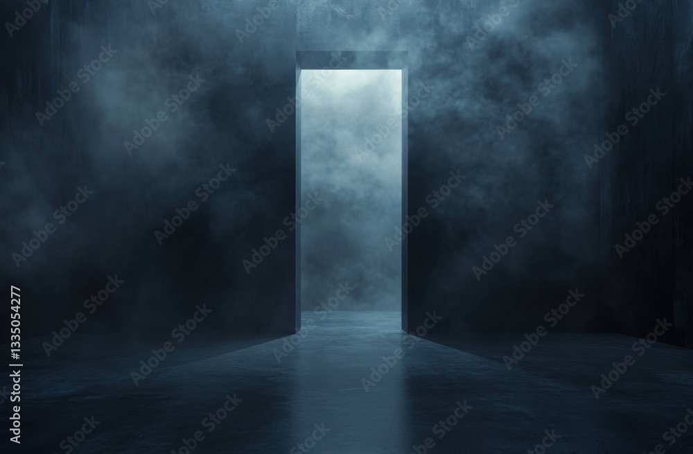 Poster Abstract empty room with an open door and fog in a dark gray background, a concept with copy space.