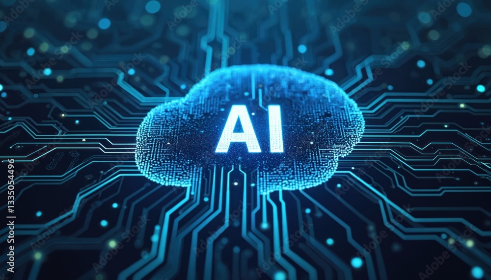 Aufkleber Circuit board background displays AI cloud technology. Blue lines depict data transfer, machine learning. Neural network, artificial intelligence concept for digital age innovation, cloud computing,