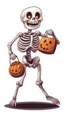 Cheerful skeletal figures carrying pumpkin baskets, dressed in festive halloween costumes, radiating playful spirit against bright white setting