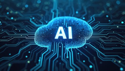 Circuit board background displays AI cloud technology. Blue lines depict data transfer, machine learning. Neural network, artificial intelligence concept for digital age innovation, cloud computing,