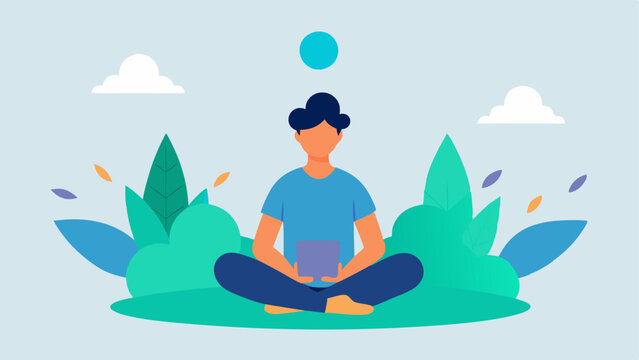 Mindfulness Practices An of a peaceful scene like a person engaging with a mindfulness app while sitting crosslegged surrounded by calming nature elements.