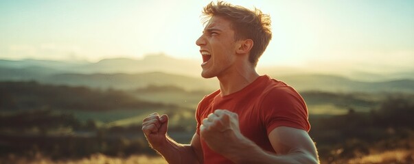 A man celebrates triumphantly with clenched fists and an open mouth