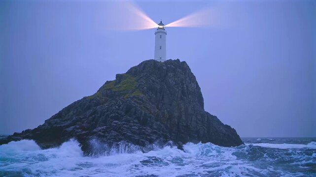 Fastnet rock lighthouse beaming luminous signal through dusk, weathering powerful atlantic waves against stark, windswept irish coastal landscape