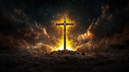 Divine Light: Spiritual Christian Artwork of Jesus on Cross with Biblical Symbolism and Religious Landscape for Easter and Christmas