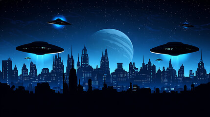 Futuristic city skyline at night with UFOs hovering, showcasing a vibrant cosmic backdrop