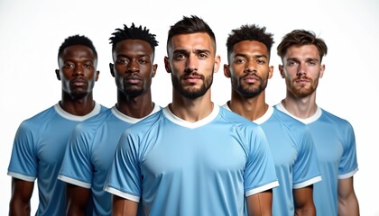 Front view of multiethnic soccer team portrait, wearing light blue uniform on transparent background. Diverse sportsmen, athletes represents team, competition, oneness, sportsmanship. Men look