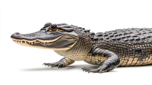 American Alligator Portrait:  A Close-Up of a Juvenile Alligator Against a White Background