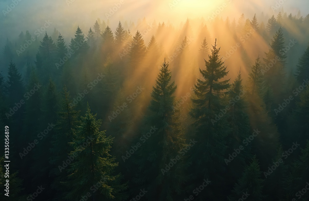 Poster top view of dark moody pine trees in foggy forest with bright sunrise rays shining through branches.