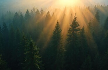 Fototapeta premium Top view of dark moody pine trees in foggy forest with bright sunrise rays shining through branches. Spruce wood in summer mountains with golden sun beams penetrate trees.