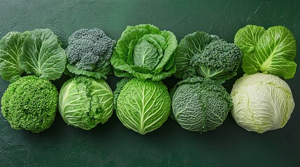 Fototapeta premium Various types of fresh green cabbage, broccoli, and leafy vegetables arranged on a dark green surface in a kitchen setting during daylight hours
