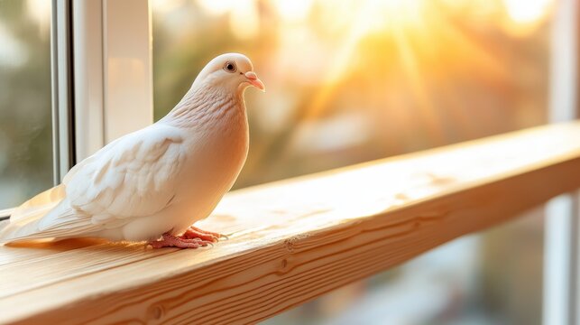 A lovely white dove rests gracefully on a wooden ledge, bathed in the glow of the sunset, evoking feelings of peace, hope, and the beauty of nature.