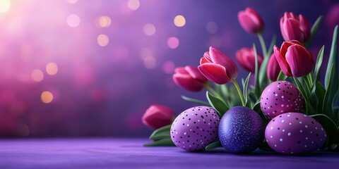 Colorful spring tulips and decorative eggs create a festive atmosphere for Easter celebrations in a bright setting
