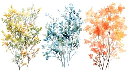 Watercolor painted depictions of three distinct colorful plant arrangements
