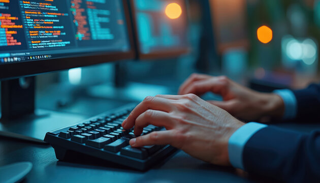 Hands type on keyboard with program code on monitor. Developer works with database from scada system on computer screen. Engineer supervises datum, enhance security, analysis, ai automation. - Powered by Adobe