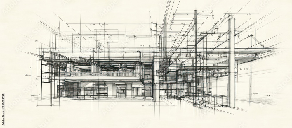 Poster architectural blueprint illustrating a complex structure with detailed lines and dimensions.