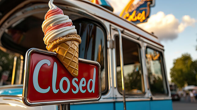Closed sign on ice cream truck with vintage design, evoking nostalgia