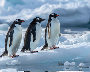 Obraz premium Thrree penguins on ice floe