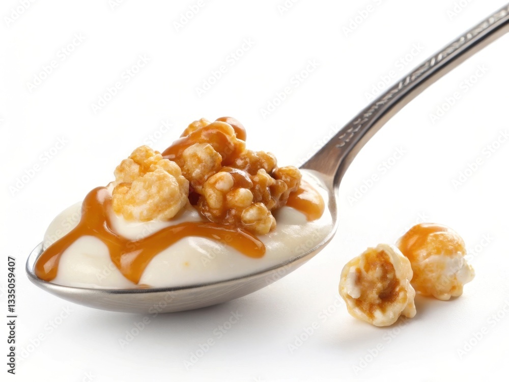 Poster spoon with creamy dessert topped with caramel sauce and caramel popcorn – isolated on a white backgr