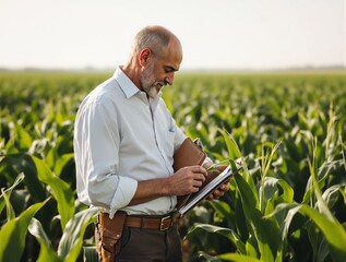 Elderly male farmer with white shirt using tablet in lush cornfield, analyzing crops on sunny day. Concept of modern agriculture and technology. Ai generative