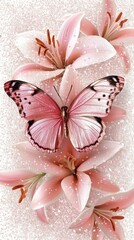 Amidst tender blooms, a lively pink butterfly sits gracefully, displaying nature's charm in a tranquil, muted setting