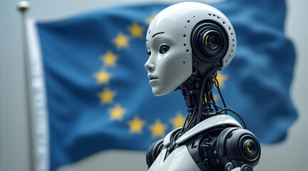 Futuristic humanoid robot with EU flag, representing AI regulation and EU AI Act