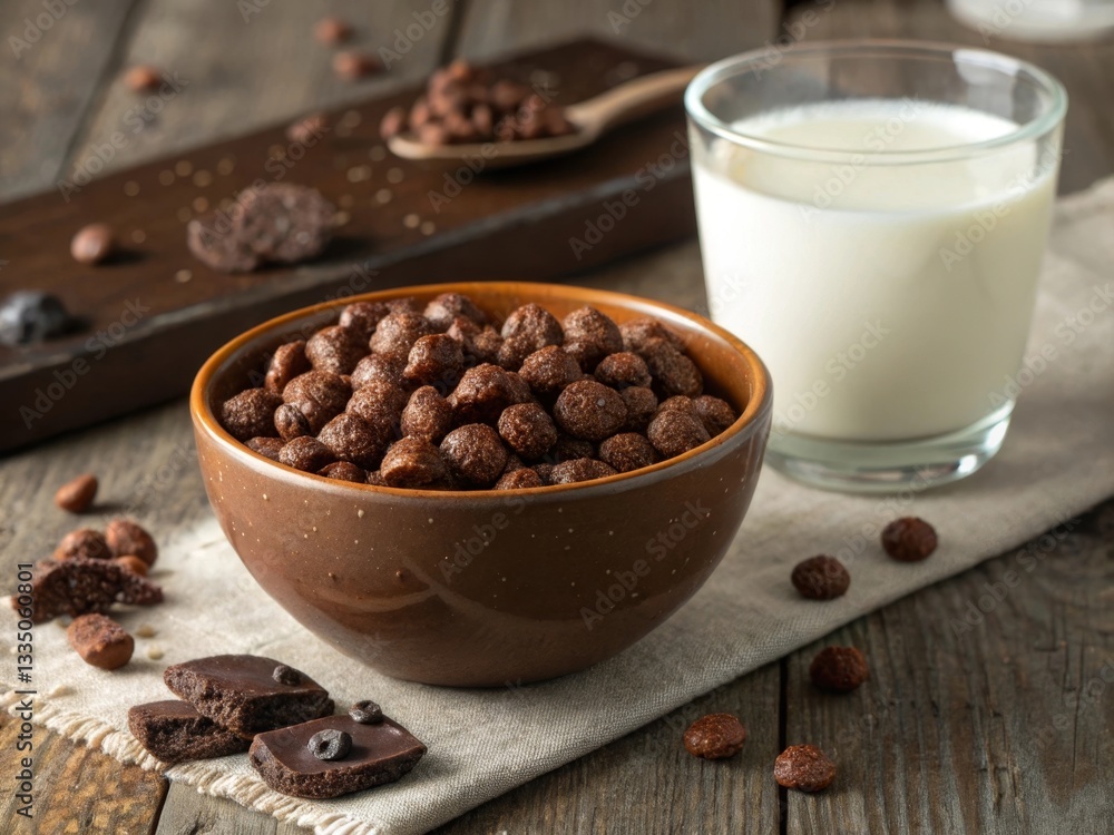 Poster a bowl of cocoa beans and a glass of milk placed on a cloth atop a wooden surface. the bowl is fille