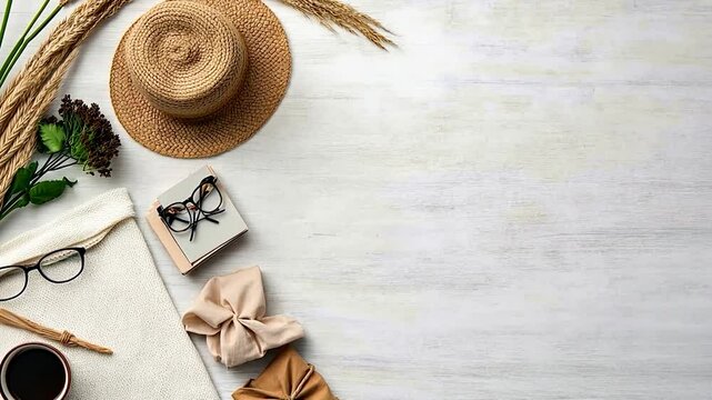 A flat lay composition featuring a straw hat, glasses, and fabric on a rustic wooden surface