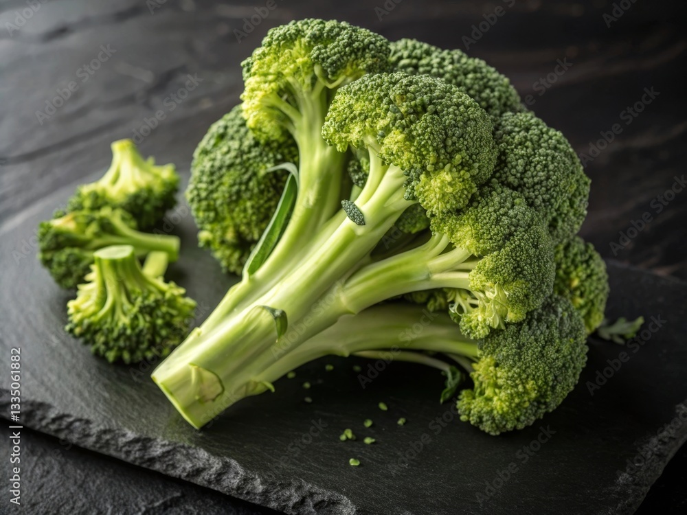 Poster a close-up of broccoli placed on a dark surface, with a blurred background. the broccoli is vibrant 