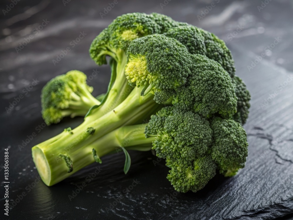 Poster a close-up of broccoli placed on a dark surface, with a blurred background. the broccoli is vibrant 