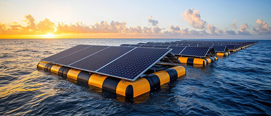 Futuristic solar farm with floating solar panels on water at sunset