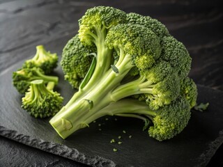 A close-up of broccoli placed on a dark surface, with a blurred background. The broccoli is vibrant green, and the dark background contrasts sharply with the broccoli, emphasizing its texture and colo