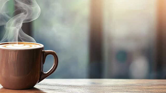 Warm cup of coffee with steam rising, set against softly lit background, evoking comfort