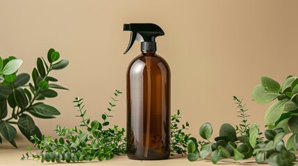 Amber bottle with spray nozzle surrounded by green plants on a beige background. Eco-friendly cleaning product concept. Natural cleaning solution for advertising, blog, web banner.