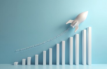White rocket flies up with dotted trajectory above light growth graph on blue background. Startup, new project concept. 3D render, innovation, financial technology, investment, leadership strategy.