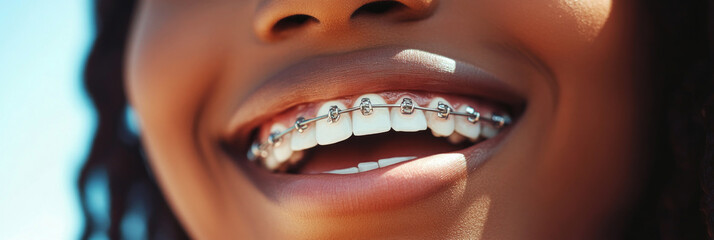 Radiant and genuine smile of an African American girl with braces, perfect for orthodontic services or marketing of teen-focused products, banner