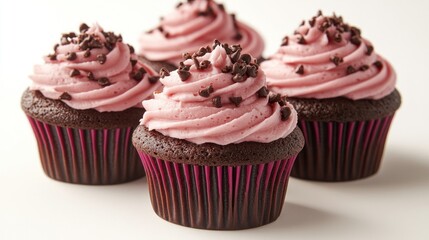 Chocolate cupcakes with pink frosting and chocolate sprinkles