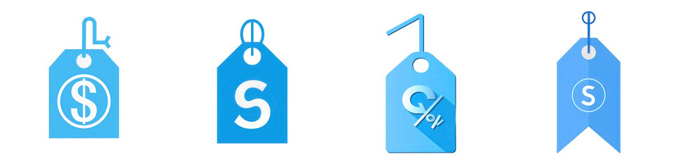 Four blue price tags isolated on white or transparent png