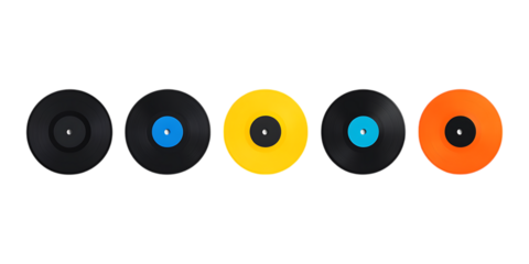 Pack Realistic Flat Lay Vinyl Record Composition Against Transparent Background for Music Branding, Retro Designs, or Album Cover Concepts